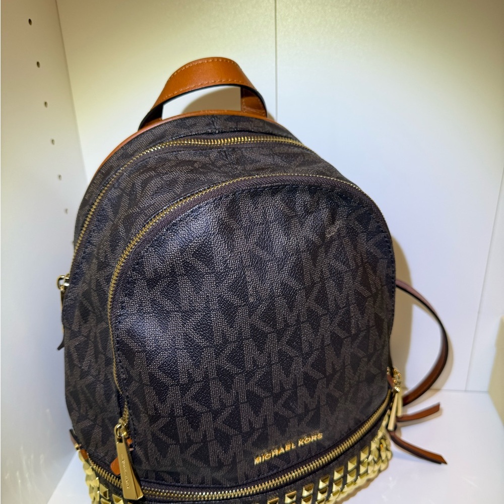 Michael Kors Dark Brown MK Logo Mini Backpack with Gold Accents